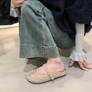 2025 Spring new women's rhinestone decorated closed toe mule slippers, elegant round toe design, a popular choice for all-match fashion Footwear Girl
