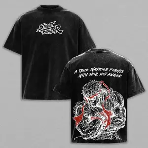 Ryu Tee Washed Street Fighter II Game Vintage Washed Acid Wash Heavy Cotton Oversized Graphic T-shirt Double Printed Dark Fantasy Game Streetwear Design