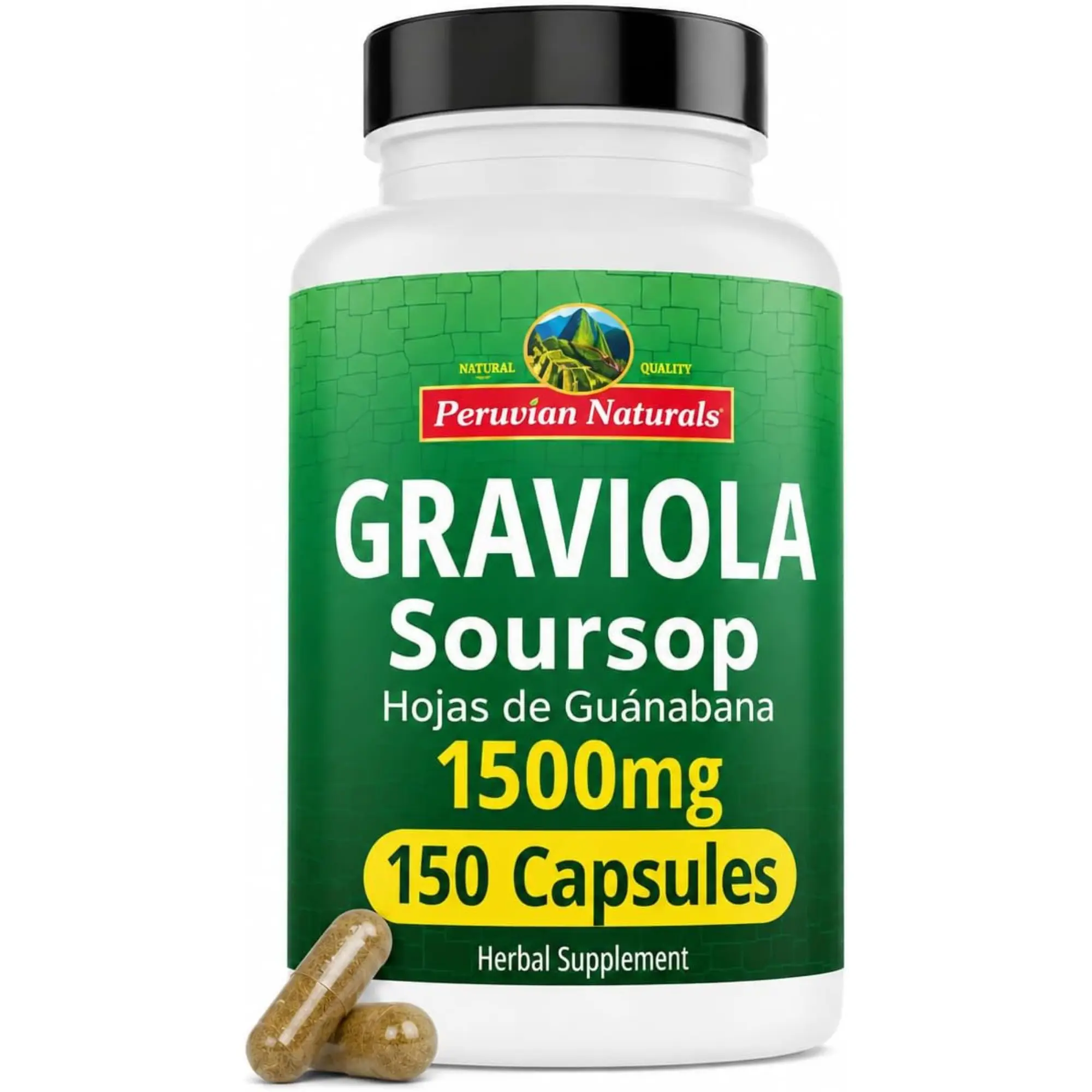 PERUVIAN NATURALS Graviola Soursop Herbal Dietary Supplement Capsules - 150 Capsules, 1500mg Natural Edible Formula, Immunity Support, Digestive Bitters Aid for Adults