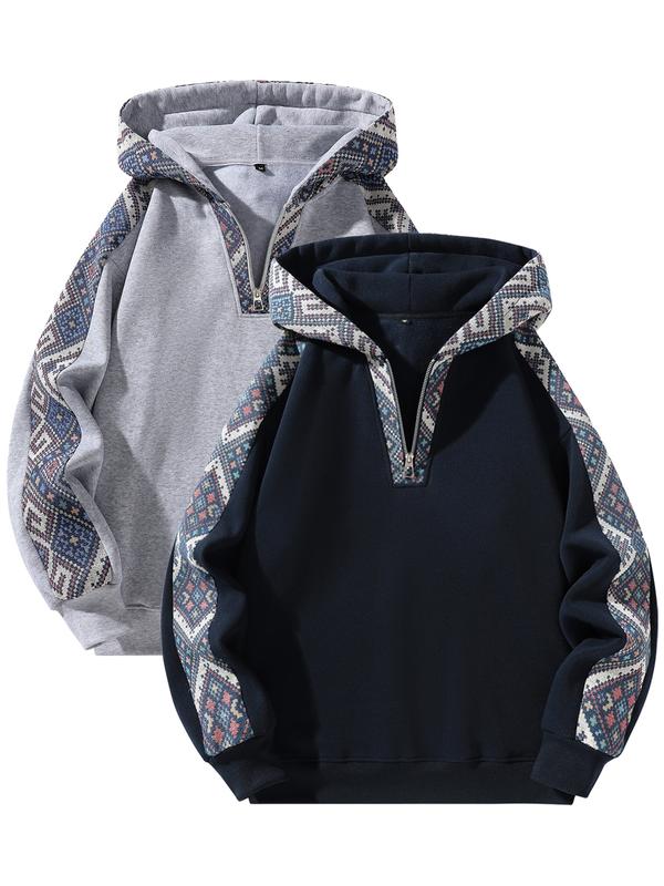 Unisex Retro Ethnic Patchwork Half Zip Hoodie, Casual Comfy Regular Fit Long Sleeve Pullover for Fall & Winter Daily Wear