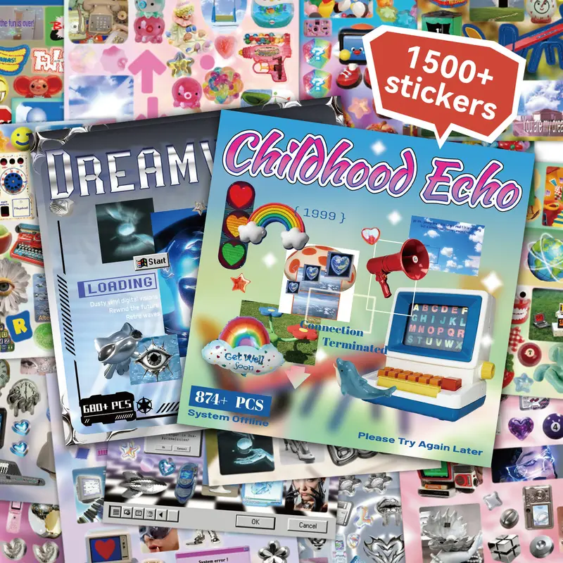680-874+ Pcs 30 Sheets 90s Retrofuturism & Kidcore Dreamcore Sticker Book (2 Styles) - Cyber Y2K Retro Tech, Vintage Aesthetic Decal Stickers for Adult Tamagotchis Fans, Matte/Glossy/Glitter for Junk Journaling