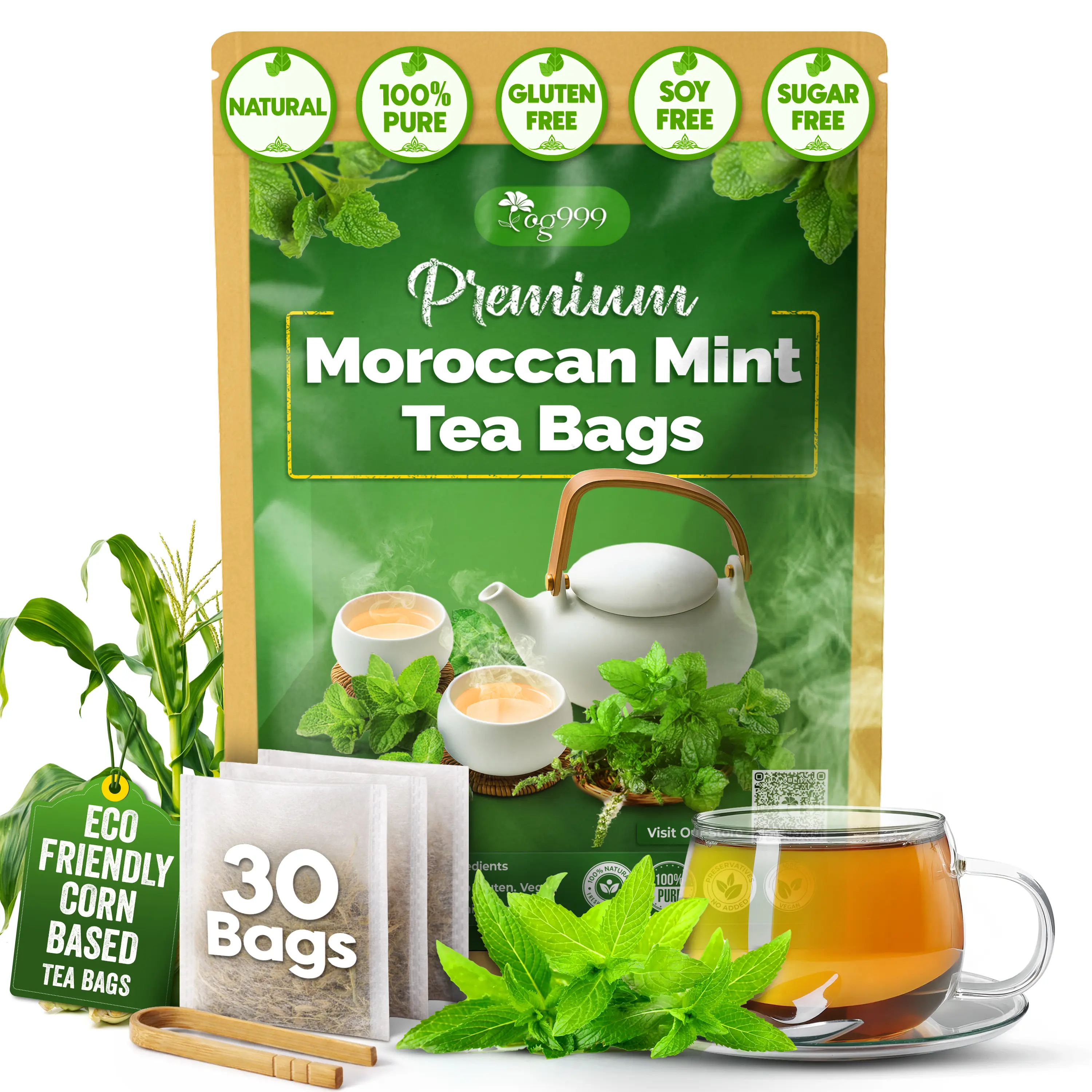 TOG999, Premium Moroccan Mint Green Tea | 30 Tea bags | Traditional Green Tea with Spearmint – Refreshing Flavor, Premium Quality Herbal Blend. Gluten-Free. Vegan