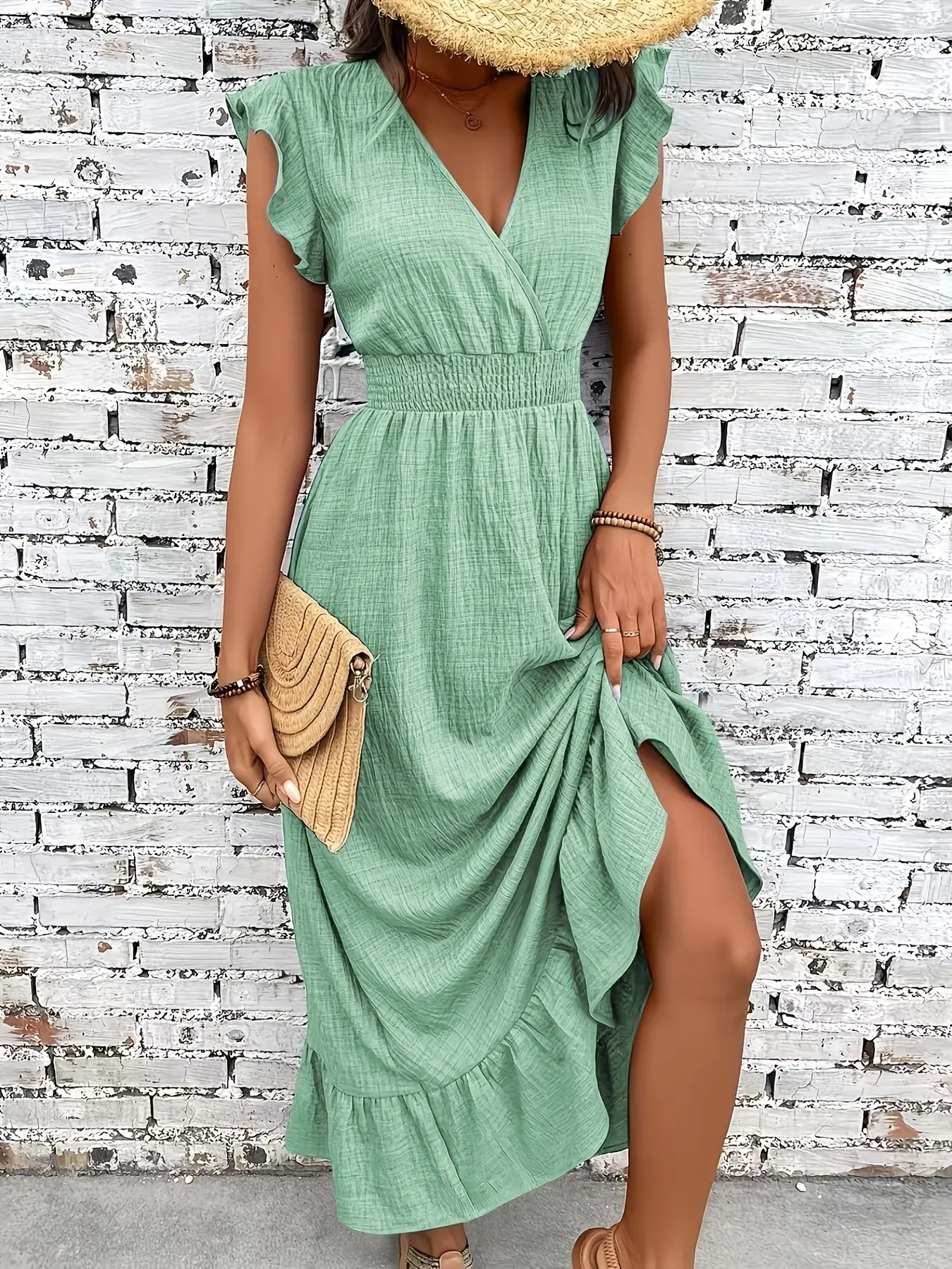Women's Crinkled Poly Floor-Length Long Dress,Sage Green Boho Outfits with  Ruffle Cap Sleeves,V-Neck, Smocked Waist, Tiered Design, SummerBeach Casual  Sundress - TikTok Shop