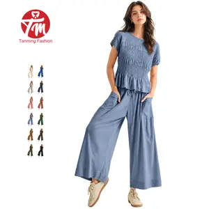 Tanming Women’s Soft 2-Piece Smocked Top & High-Waisted Wide-Leg Pants Set, Boho Lounge Outfit with Pockets, Matching Sets for Women,summerwins