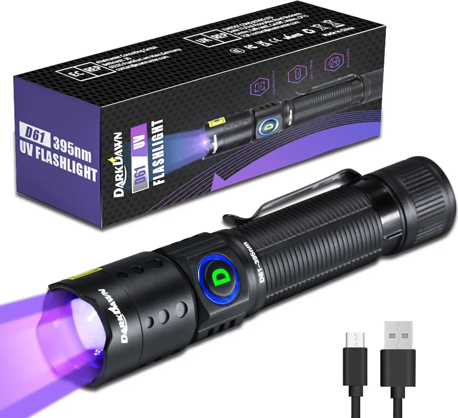 395nm UV Flashlight, Aluminum Alloy Mini USB Rechargeable Ultraviolet LED Black Light Wood's Lamp with Adjustable Beam, Portable Pet Urine Detector for Stain Detection & Scorpion Finding