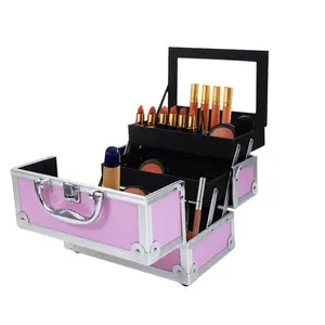 Pink Aluminum Makeup Train Case – Portable Cosmetic Organizer with Mirror & Accordion Compartments 9" x 6" x 6" Lockable Handle Durable Lightweight Travel-Ready Design