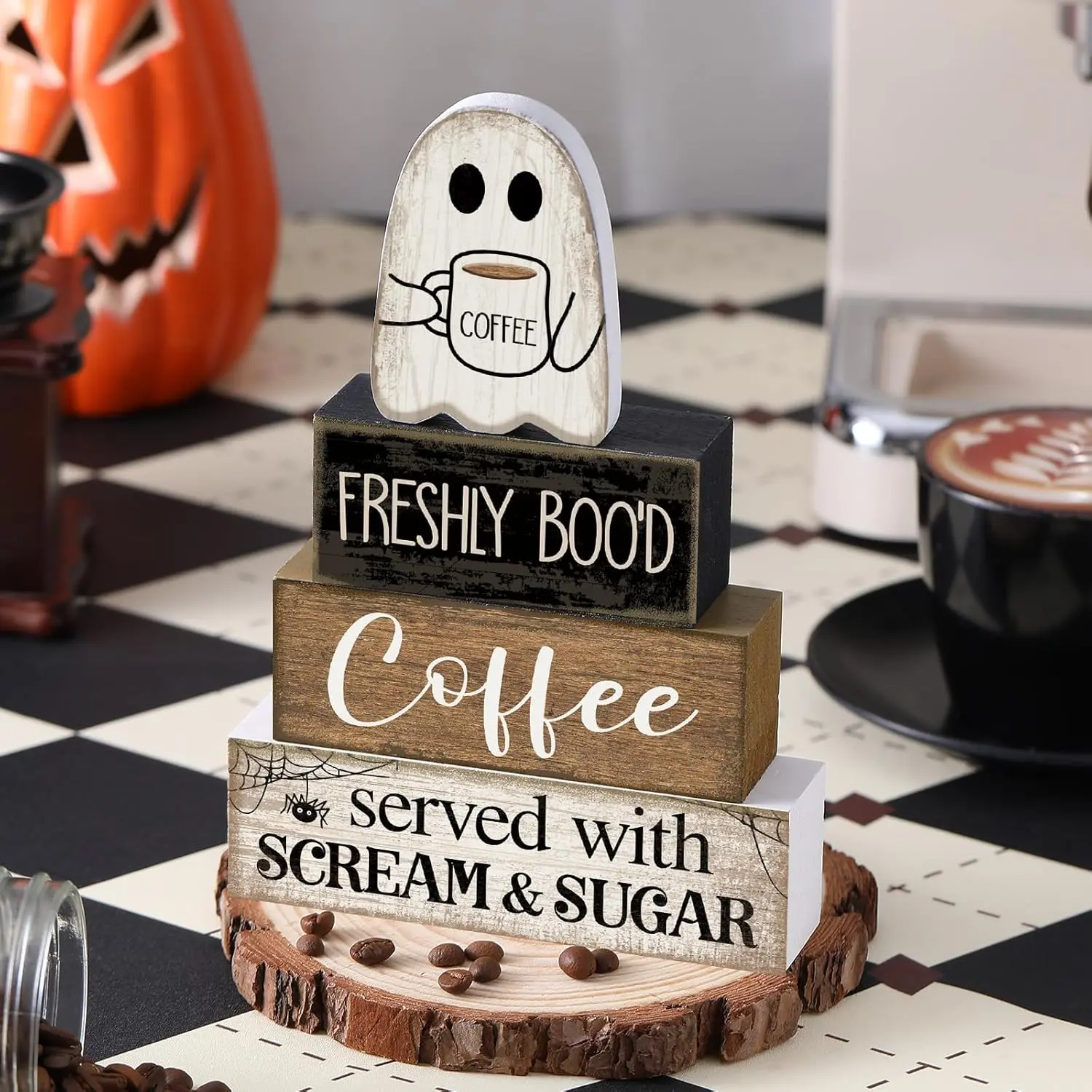 4 Pcs Halloween Coffee Table Decor Wooden Ghost Coffee Bar Sign | Stackable Blocks Bar Farmhouse Rustic Ghost Tiered Tray Festive Boo Decor Block Signs Home Office Kitchen Shelf Brand: Lineshading