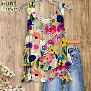 Sage Vell Watercolor Floral/Blue Striped/Red Polka-dot Non-positional Print Layered Tank Top Sleeveless Round Neck Loose Fit Casual Boho Style For Daily Vacation Beach Office All Match Outfit