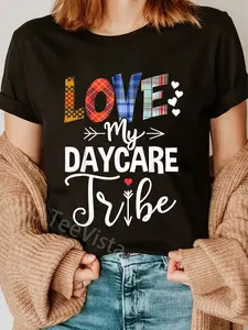 100% Cotton Unisex Love My Daycare Tribe Daycare Teacher Childcare Provider T-Shirt Graphic Casual Round Neck Tee