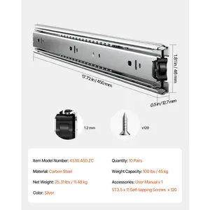 VEVOR Drawer Slides, 18 inch, 10 Pairs Full Extension Ball Bearing Cabinet Rails, 100 LB Load Capacity Heavy Duty Side Mount Dresser Drawer Slides, Drawer Track Runners for Kitchen DIY Replacement