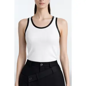 White Rib-Knit Tank Top with Leather Trim