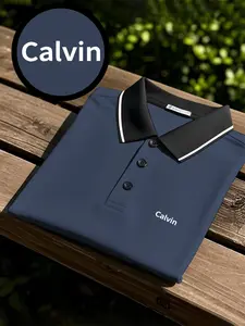 Men's quick-drying polo shirt short-sleeve with minimalist 'Calvin' print design, breathable and comfortable for sports wear, colorfast, full-body fitting cut, sweat-absorbing, non-sticky to the body, and durable craftsmanship.