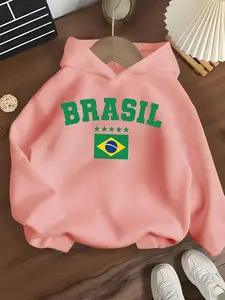 Girls' Hooded Sweatshirt Brasil Brazil Style, Flag Print, Soft and Skin-Friendly, Casual Fall & Winter Wear, Unique Fashion