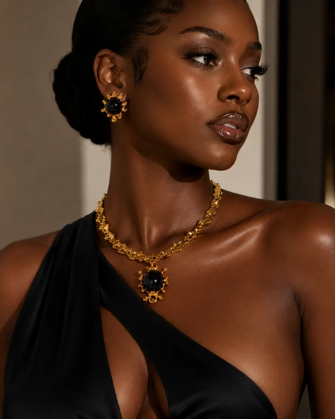 18K Gold-Plated Black Onyx Baroque Necklace Set