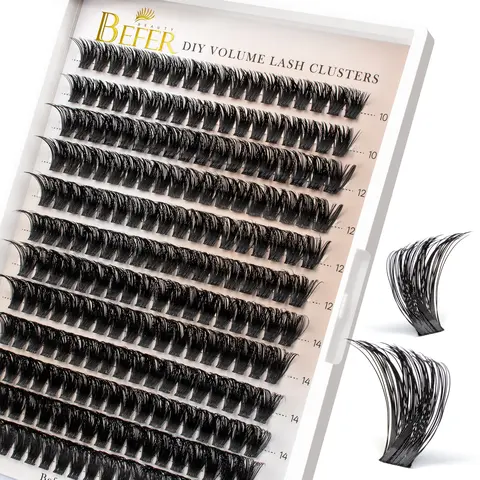 BEFER Lash Clusters 216 Pcs D Curl 3D Fluffy Volume Cluster Eyelash Extensions - Mixed Lengths 10-16mm, Ultra-Thin 100% Cotton Band, Reusable DIY Individual Lash Clusters for Eyes