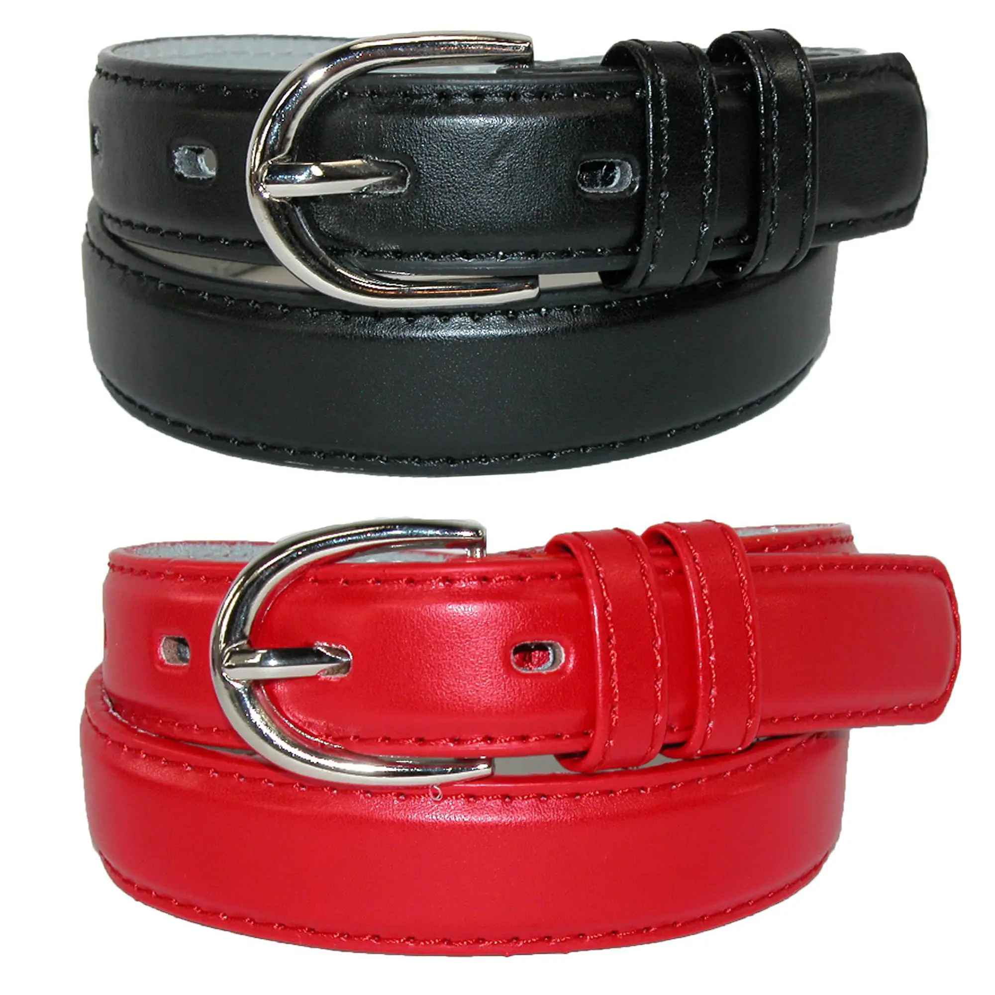 CTM Kid's Stitched Solid Basic Leather Dress Belt - Versatile, Rounded Buckle, Silver Tone (2-Color Pack)