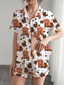 Women's 2-Piece Sleepwear Set, Pajama Set, Pyjamas, Pjs, Loungewear, Highland Cow Print, Short Sleeve Button-Up Top and Elastic Shorts, Casual Home Wear for All Seasons