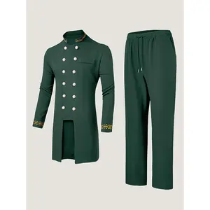 Men'S Long-Sleeve Dashiki Suit Featuring a Round Neck And Buttoned Cardigan with Pockets And a Split Hem, Paired with Embroidered Drawstring Pants. This 2pcs Casual Outfit Is Suitable for All Seasons, Perfect for Street Style And Weddings, in Black