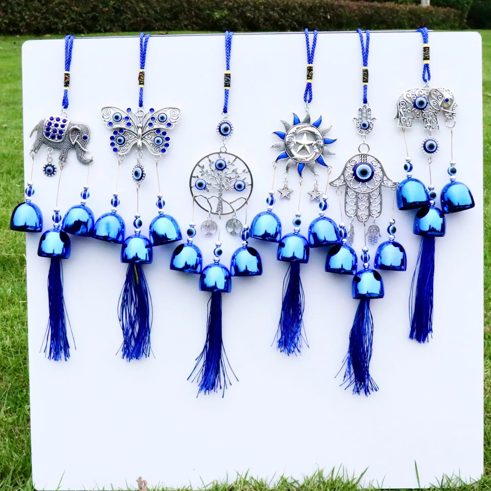 Evil Eye Butterfly Wind Chime Ornament, Blue Bell Tassel Metal Hanging Pendant, Bohemian Ethnic Style Wall & Car Hanging Decor Gift