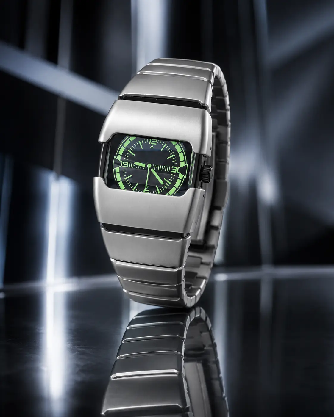 Men's Cyberpunk Analog Watch, Brushed Stainless Steel Statement Piece with Integrated Bracelet and Neon Green Accents, Analog Watches, Fashionable Wristwatch, Round Face, Brushed Finish