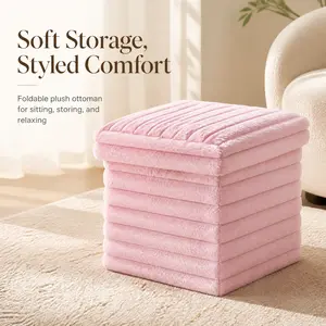 Foldable Faux Fur Storage Ottoman - 200LBS Load Capacity, Multi-Functional Plush Storage Folding Stool for Living Room & Bedroom, Cozy Pink Faux Fur Storage Stool, Must-Have for Small Spaces
