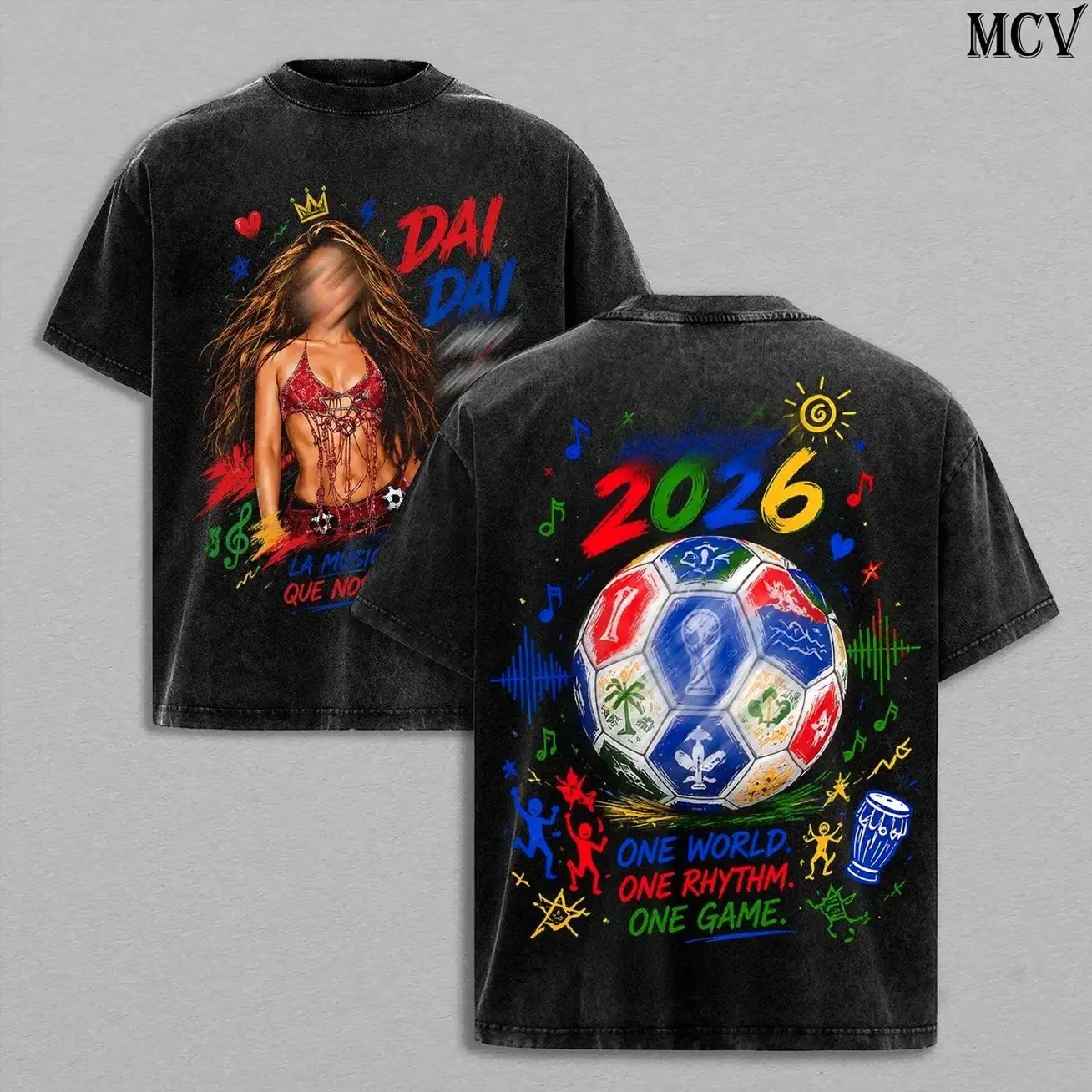 DAI DAI Shakiraa's Tee Washed Menswear Top Heavy Cotton Underwear Double Printed Unisex Oversize Global Football Anthem Latin Rhythm Afrobeats Music Vintage Graphic Streetwear Cotton T-Shirt, Washed Hoodie & Sweatshirt Option XYA