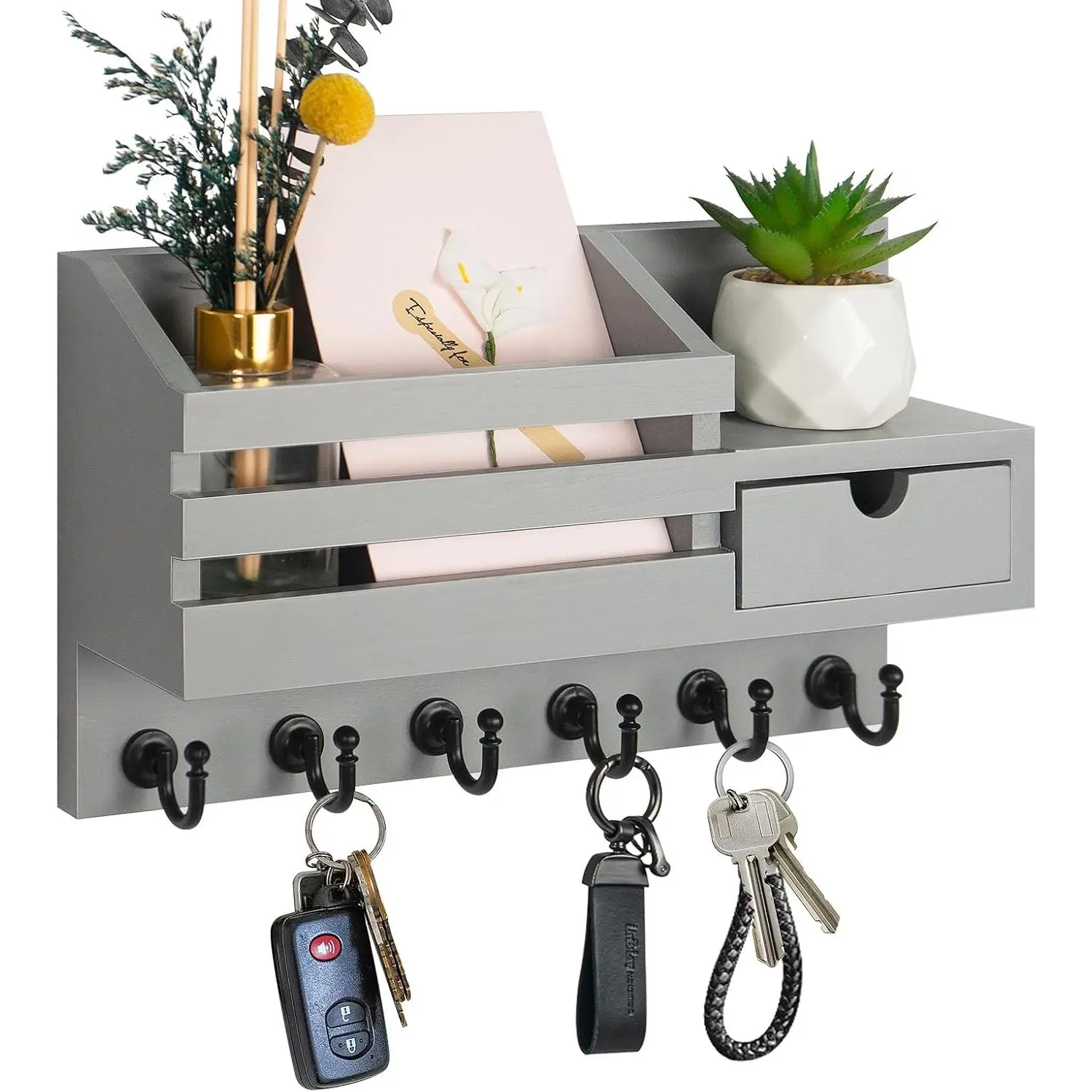 Compact Durable Synthetic Wall-Mounted Mail & Key Holder, Rustic Farmhouse Decorative 6-Hook Hanger with Storage Drawer, Easy-Install Entryway Home Organizer (A-Grey)