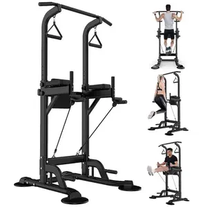 Power Tower Dip Station Pull Up Bar 32.3' H-Shaped Base Height Adjustable 330lbs Multi-Level Suction Cups 10 Levels for Home Fitness Use Whole Body Workout Exercise Equipment