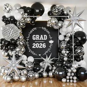 Black Silver White Balloons Arch Kit with Disco Ball Foil Balloons, for Disco Party Decorations, 2026 Birthday, Graduation, Anniversary, New Year's Eve Party Supplies