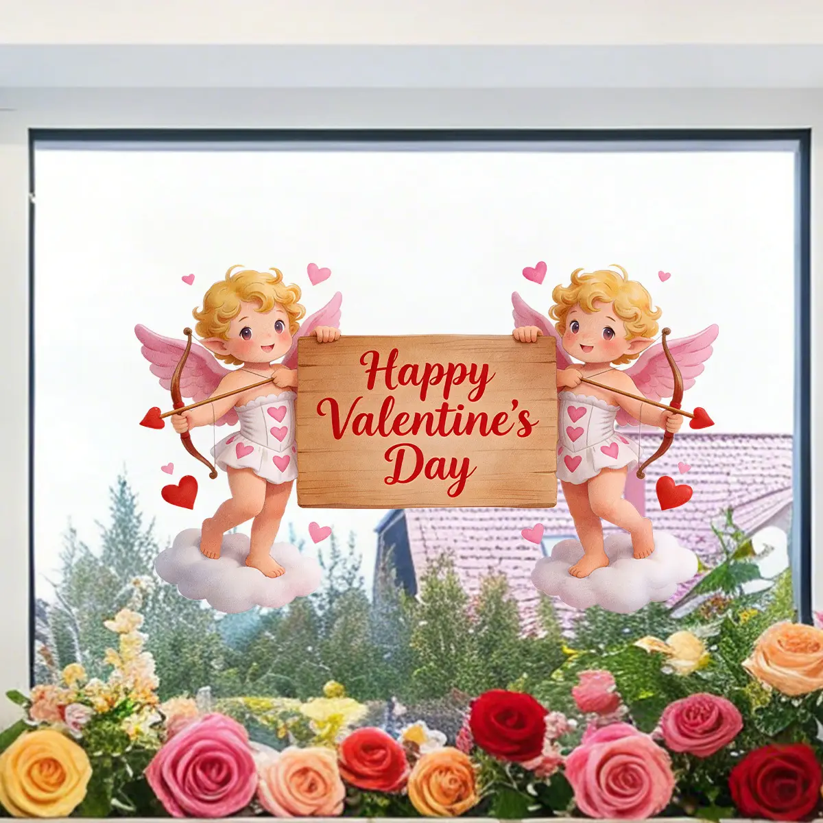 2D flat one (30*50cm) Happy Valentine's Day cloud love heart 2D flat window sticker static glass sticker window decoration, D21414-NC