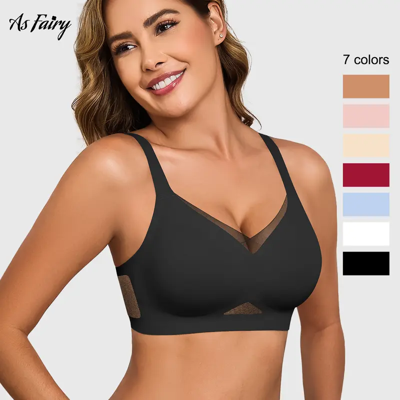 AsFairy Women's Seamless Spandex-Nylon Mesh Wire-Free Push-Up Bra - Hidden Support, Full Coverage, V-Neck, U-Back, Crisscross Back, Semi-Fixed Pads, T-Shirt Comfort, Hook-and-Eye Closure, Machine Washable, Everyday Wear
