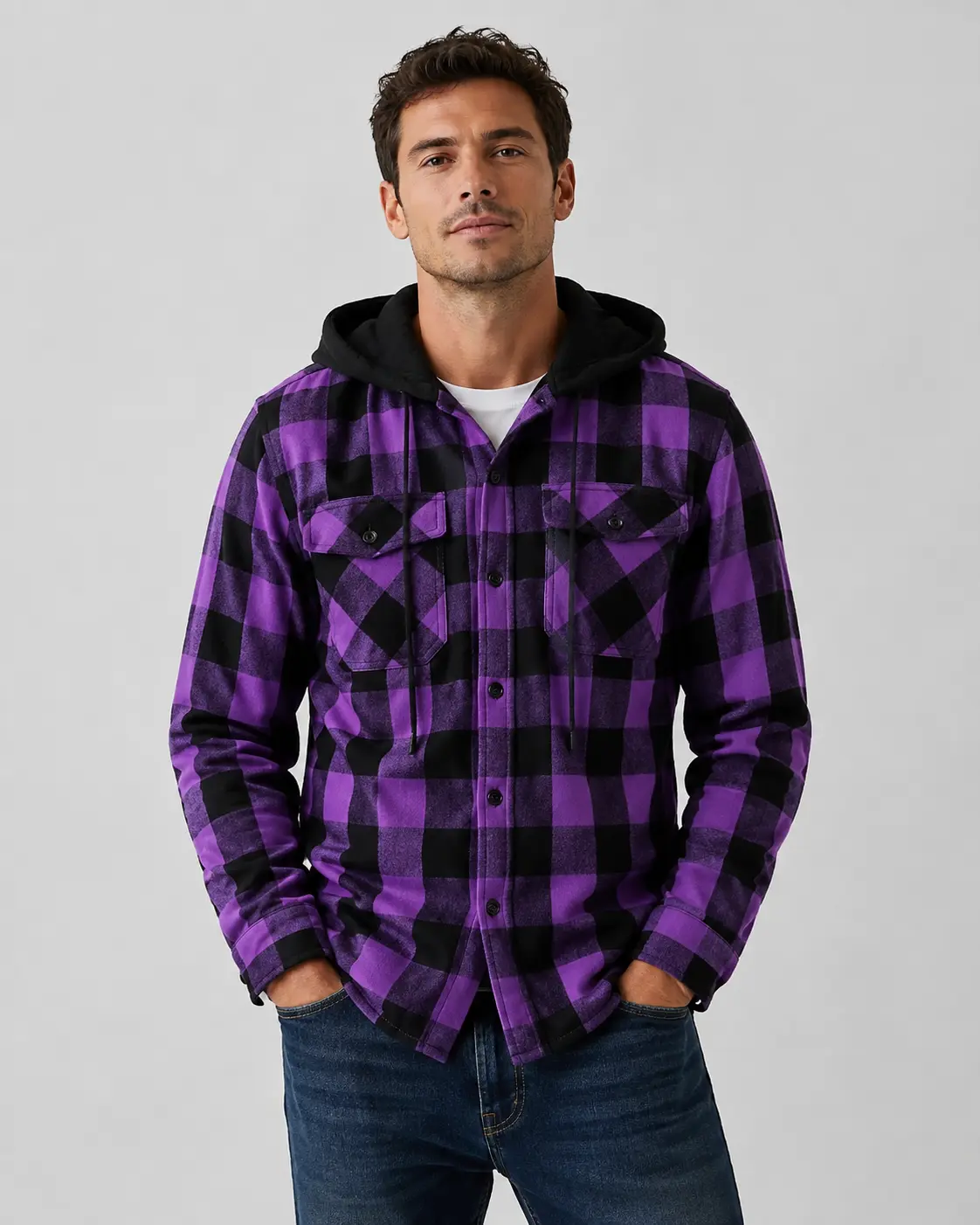 ZITY Men's Lightweight Checked Flannel Hoodie - Casual Long-Sleeve Button-Down Top, Menswear Tops & Sweatshirts for Everyday Wear