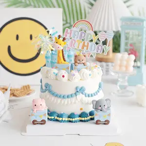 Animal Train Cake Decorations for Kids Birthday Parties, Cute Cartoon Bear Giraffe Elephant Figurines, Home Décor Accessories