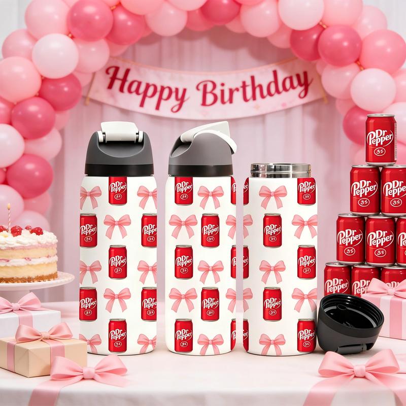 AuraCup 1pc 19/24/32oz Insulated Tumbler with Lid and Straw, Cute Dr Pepper Can and Pink Bow Pattern, Double Wall Leakproof Stainless Steel Water Bottle for Hot & Cold Drinks, TikTok Trending Aesthetic Cup, Perfect Gift for Girls, Teens, Friends, Daughter