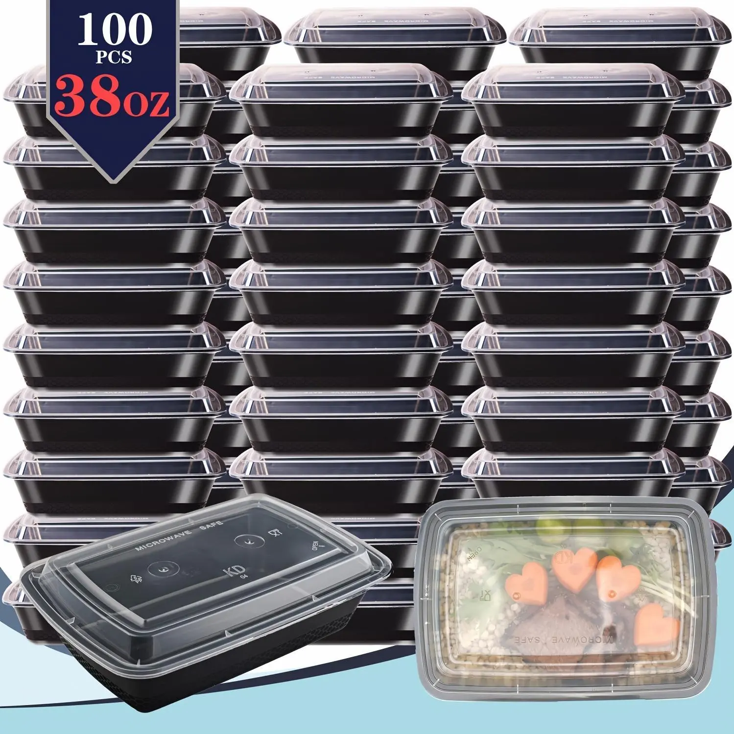 Disposable Plastic 38oz Black Rectangular Bento Boxes, 100pcs-200pcs Stackable Sets, Leakproof Meal Prep Containers, Microwave-Dishwasher-Freezer Safe for Takeout, Picnic, All