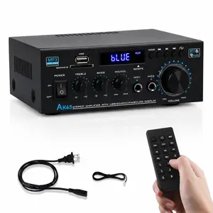 AK45 Audio Amplifier Receiver - Bluetooth 5.0 Hi-Fi Stereo Mini Power Amplifier, RMS 40W x 2, Max Power 400W, with SD, USB, RCA, FM Radio Input Interfaces, Remote Control, Microphone Input Jack, Ideal for Garage Parties and More