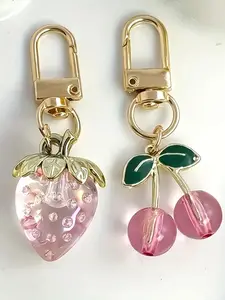 2pcs Simulation Alloy Fruit Keychain, Cute Portable Bag Accessories, Keychain For Bags, Strawberry Cherry Accessories, Wallet Decoration Keychain, Perfect Gift for Christmas and Halloween, Keychain Pendant