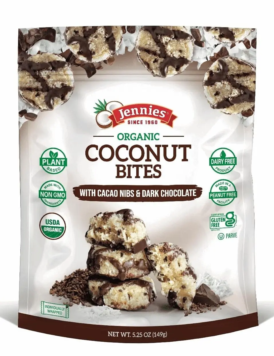 Jennies Organic Coconut Bites with Cacao Nibs and Dark Chocolate, 5.25oz | Gluten Free | Peanut Free | Dairy Free | Non GMO