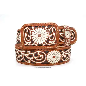 ZG004 MEN WESTERN 2" LASER AMBROIDERED LEATHER BELT