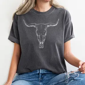 Boho Cow Skull Shirt, Cowgirl Shirt, Skull Shirt, Western Clothing, Bull Shull Shirt, Longhorn Shirt
