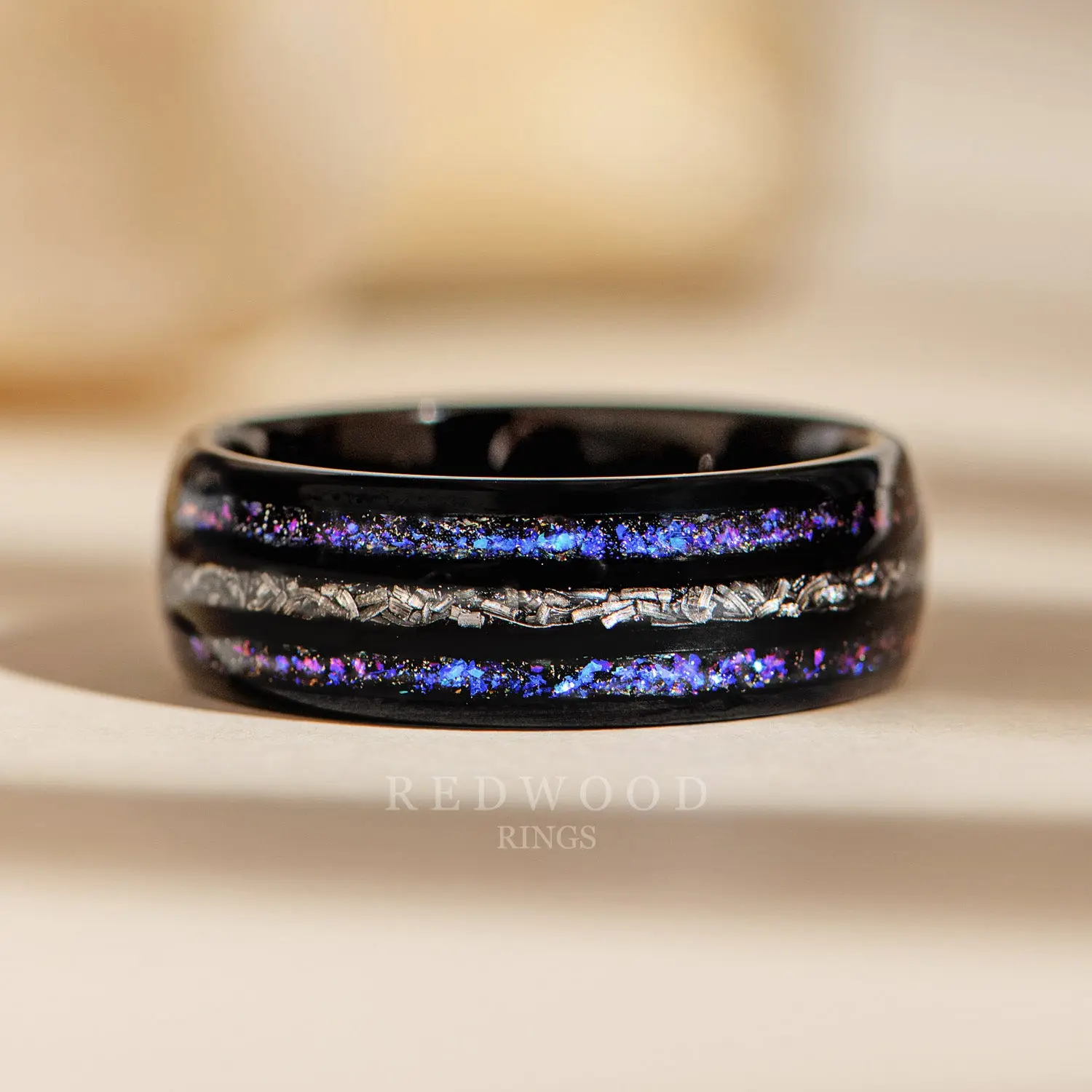 Black Galaxy Meteorite Ring, Blue Nebula and Meteor Triple Inlay - 8MM