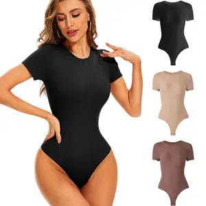 Sol Living Solid Short Sleeve Shapewear Bodysuit for Women - Seamless Crew Neck Shaping T-Shirt Casual Wear Tummy Control Comfort Tops Womenswear Crewneck Basic Shape Wear