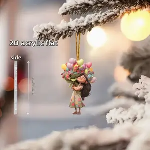 Cute Girl Balloon Car Decoration, Transparent Acrylic Ornament, Colorful Flower Decor, Rearview Mirror Keychain Phone Case Accessories