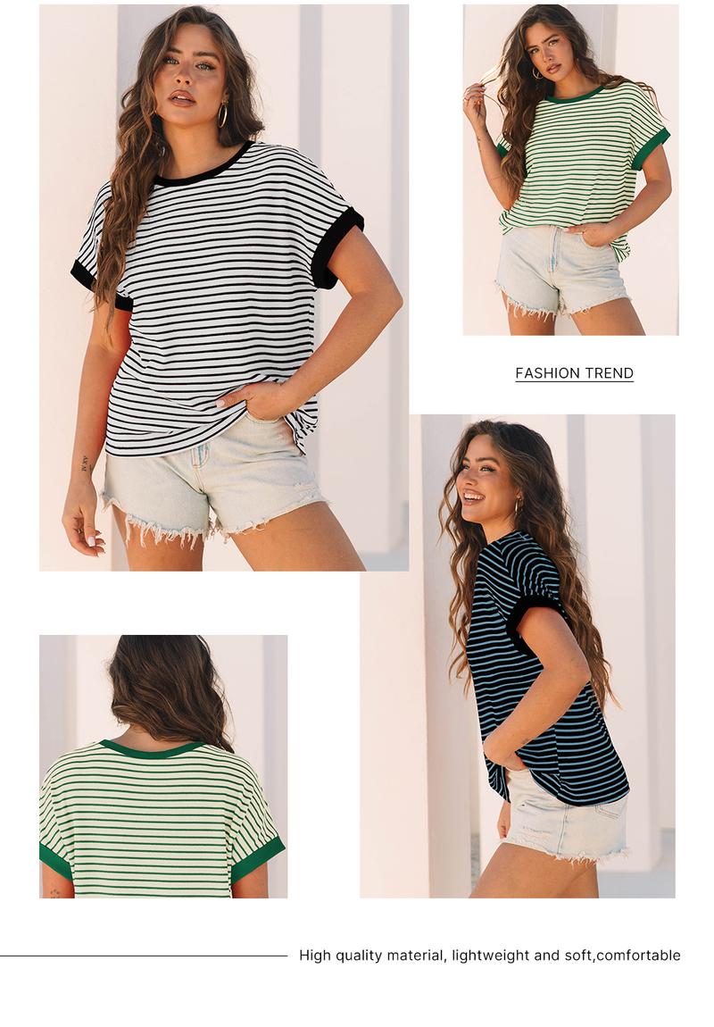 Asivivid Women's Striped Ribbed Knitted Drop Shoulder Round Neck T-Shirt Summer Tops Daily Everyday Wear Shirt Top