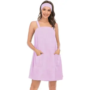 Women Bath Wrap Towel with Pocket Adjustable Spa Robe & Facial HeadbandGift