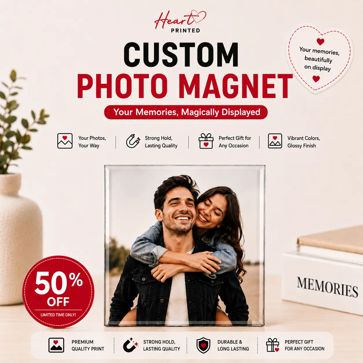 Heart Printed | 2" x 2" Square Custom Photo Magnets | Personalized Picture Fridge Magnet | Wedding, Family, Couples & Christmas Gift