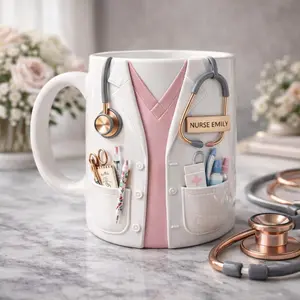 Personalized Nurse Mug 2D Printed 3D Effect Custom Name Coffee Cup Stethoscope Medical Design for Nurses Healthcare Workers, Birthday Appreciation Gift for Her Coffee mugs, ceramic mugs, custom mugs, personalized mugs, printed mugs, gift mugs