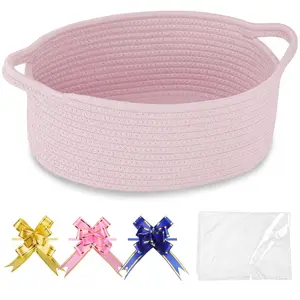 Small Woven Basket with  Bags and Ribbons,  Basket Empty, Cotton Rope Storage Organizer,   Box with Handles, 12" x 8" x 5", Light