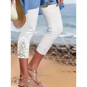 1Pack Chic Lace Accented Capris Leggings - Casual Cropped Style For Spring & Summer - Perfect Womens Fashion Essential White Womenswear Bottoms Comfort Basic Minimalist