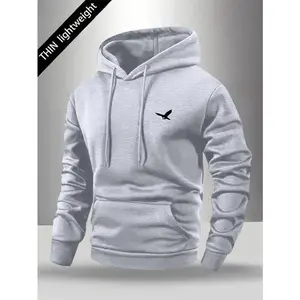 Autumn And Winter Men's Street Fashion Hoodie, American Niche Eagle Print, Comfortable Stretch Fabric, Long Sleeve Pullover Sweatshirt With Unique Design, Solid Color Hooded Sports Jacket With Drawstring Hood And Kangaroo Pocket, Suitable For Autumn And W